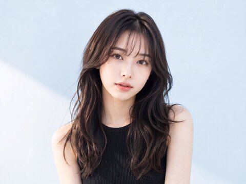 黒いノースリーブを着た若いアジア人女性の透明感ある美肌とロングウェーブヘアが美しいビューティーポートレート、ヘアケア広告向け