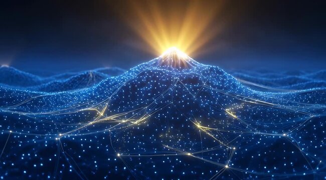 Abstract digital mountain landscape with glowing blue data nodes and golden sun rays, representing network connectivity, data flow, and innovation