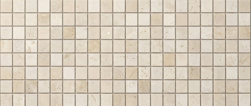 Beige limestone mosaic tile texture with natural stone squares creating a seamless surface for timeless interior wall designs