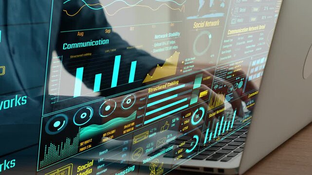 This image showcases a detailed overview of communication networks, emphasizing various aspects such as data center connections, structured cabling, and network stability analytics. Cipher