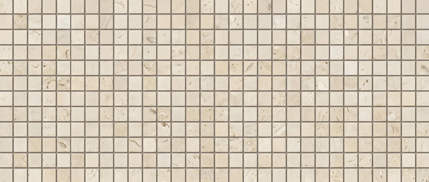 Beige limestone mini mosaic tile texture with natural stone squares creating a seamless background for refined interior surfaces