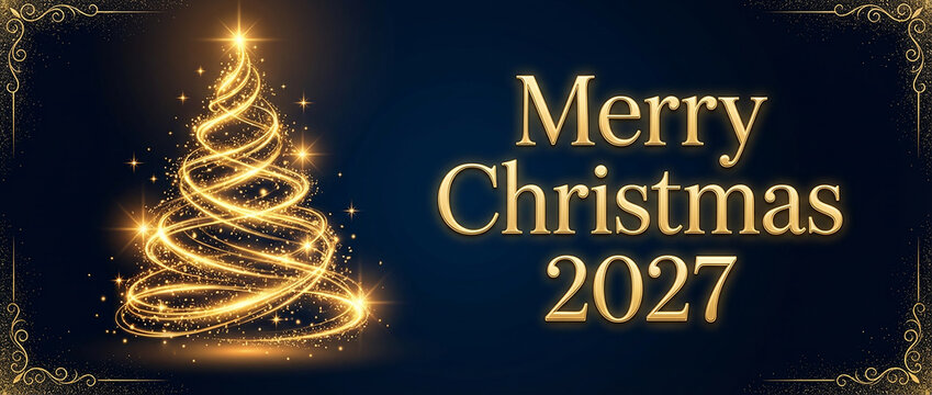Elegant glowing golden christmas tree with merry christmas 2027 text perfect for luxurious holiday greetings and magical celebration designs