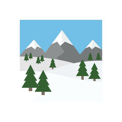 Fototapeta premium A flat vector illustration of a snowy mountain landscape with pine trees