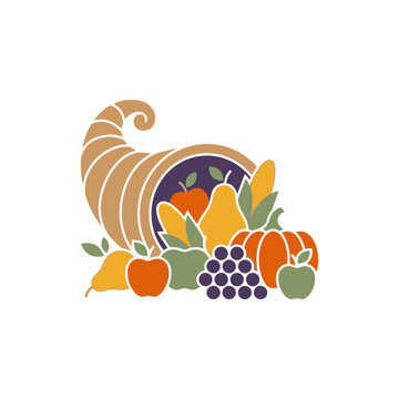 A colorful illustration of a horn of plenty filled with fresh seasonal harvest fruits