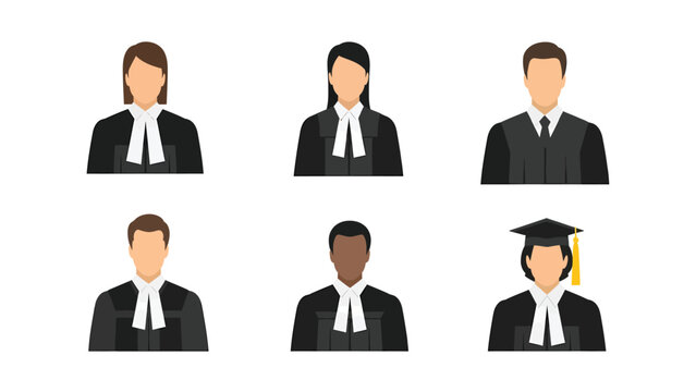 Set of diverse lawyers and judges in traditional robes and academic dress, representing legal professions and education.