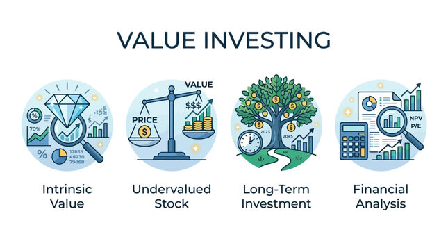 Investors analyze undervalued stocks with intrinsic value for long-term financial growth.