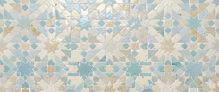 Moroccan mosaic tile texture featuring geometric blue and cream glazed ceramic pattern in a seamless decorative background