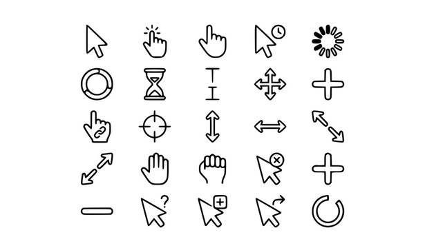 Gray Mouse Cursor Click and Loading Outline Icons Collection for User Interface Web and App Design