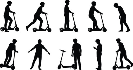 Naklejka premium Person riding an electric scooter isolated on a white background in a minimalist silhouette style
