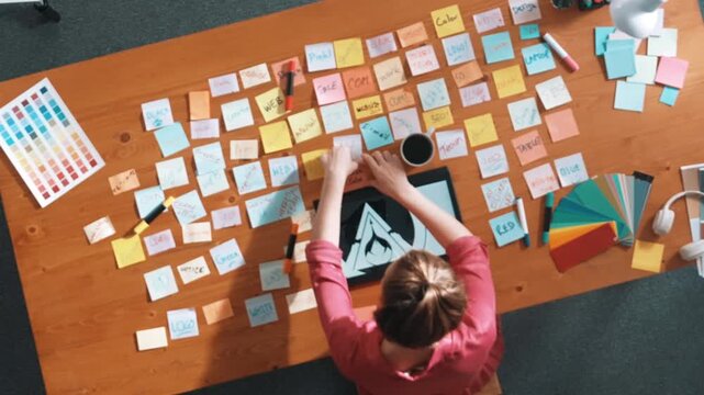Top view of designer writing idea on colorful sticky notes while sitting at meeting table with tablet display logo design. Professional business woman looking design and making a decision. Symposium.