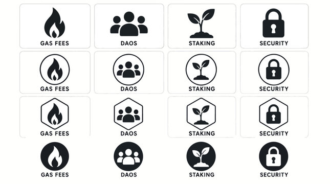 Collection of icons representing gas fees, DAOs, staking, and security in cryptocurrency.