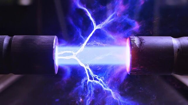 High voltage electric arc discharge between two electrodes with blue plasma sparks