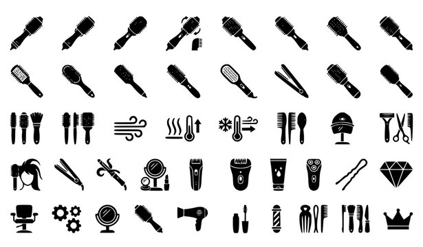 Black silhouette icons set hairdressing barbering and beauty tools