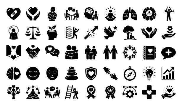 Mental health wellness icon set black glyphs on white background