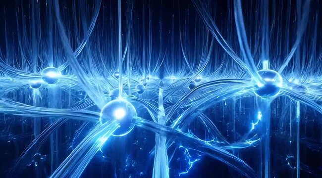 Abstract neural network connection with flowing pulses, blue glowing nodes, data transmission, futuristic cyberspace, digital infrastructure