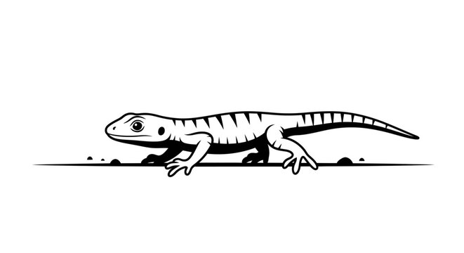 Simple black and white vector illustration of a lizard walking, showing side profile and detailed skin pattern, isolated on a white background.