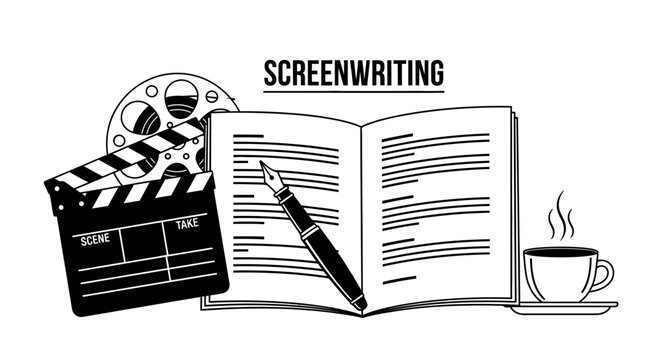 Black and white line art illustration of screenwriting featuring a script, fountain pen, film clapperboard, and a cup of coffee, symbolizing filmmaking and creative writing.