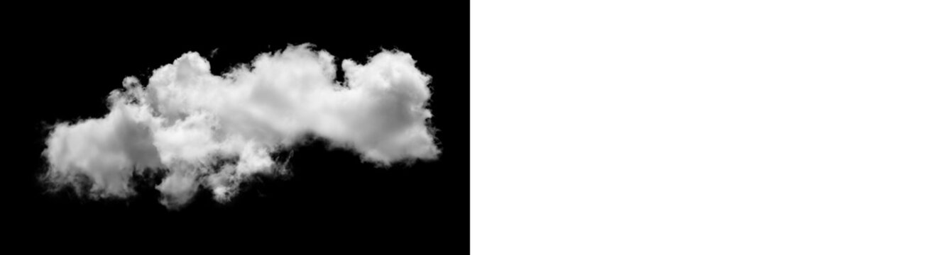 Single white cloud isolated on black background, realistic cloud formation for digital compositing and sky replacement isolated on transparent background
