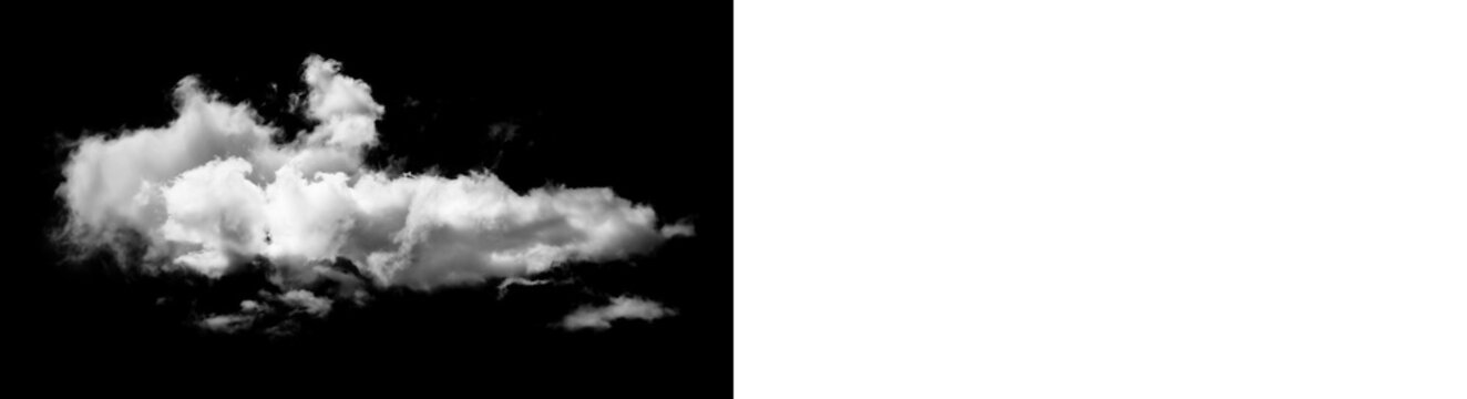 Single white cloud isolated on black background, realistic cumulus cloud for sky replacement, high resolution cloud texture for photo manipulation isolated on transparent background