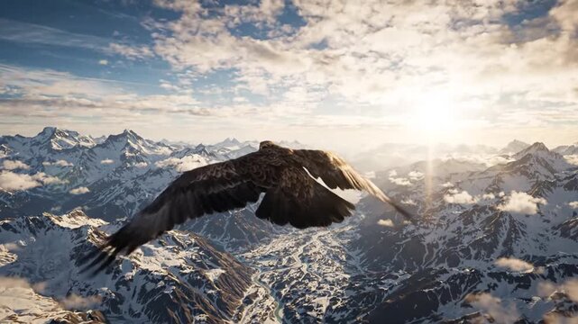 Golden Eagle Soaring Above Snowy Mountain Range at Sunset