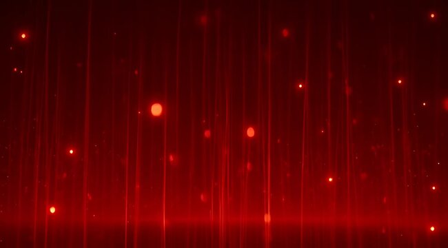Abstract red background with vertical light rays and floating particles, motion graphics, festive atmosphere, energy overlay, digital backdrop