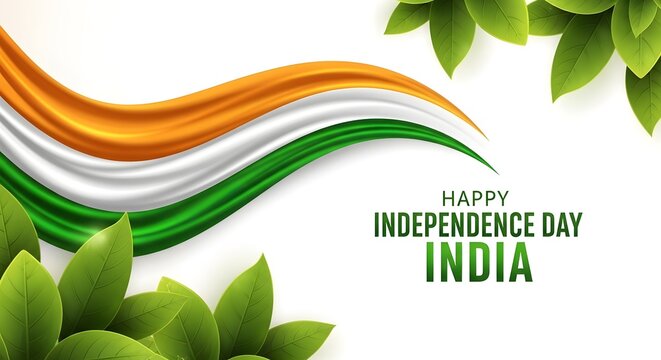 Indian independence day celebration with flag and tropical leaves