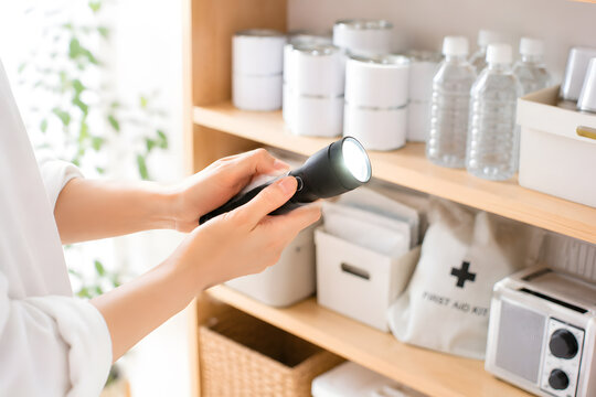 防災用品の棚から懐中電灯を取り出し確認する手元 災害への備え