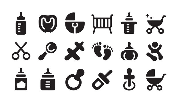 Collection of infant care and baby development icons with strollers cribs and pacifiers set.
