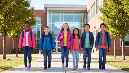 Fototapeta premium Group of diverse elementary school children walk together on a paved path toward the glass entrance of a modern school building on a sunny day.