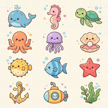 Cartoon sea creatures smiling faces.