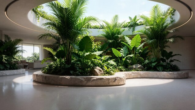 Luxurious indoor garden atrium with tropical palm trees and circular skylight ideal for wellness spa and modern office interior design website