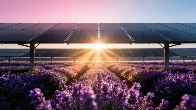 Modern solar panels installed over blooming purple lavender field at sunset ideal for renewable green energy branding and agriculture advertisement