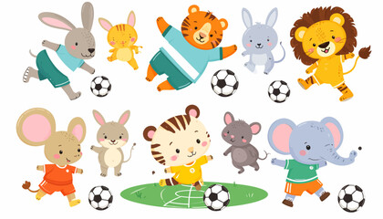 Obraz premium Cute Cartoon Animal Characters Playing Soccer Set