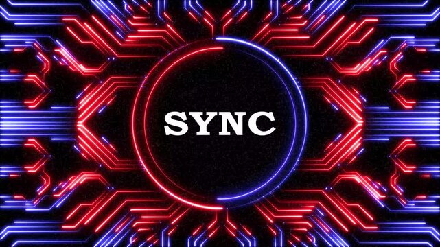 Futuristic purple circuit board animation featuring sync text in neon circle.