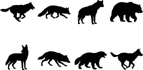Obraz premium Wild predators and carnivore animals silhouettes set of wolf fox bear and hyena vector icons