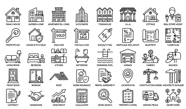 Real Estate Thin Line Icon Set Property House Vector Collection