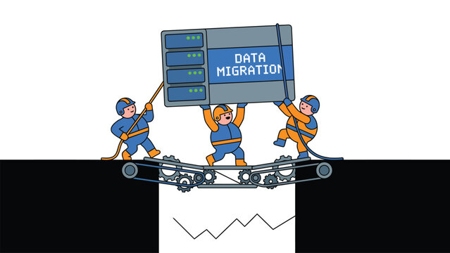 Team of workers carefully carrying a data migration server across a gap using a makeshift bridge.