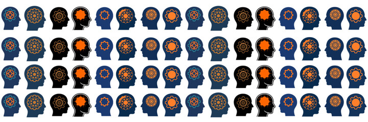 Pattern of Human Profile Silhouettes Containing Mechanical Gears Representing Mental Processing © Muhamad