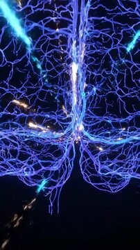 A detailed dynamic visualization of glowing blue neural networks firing electrical signals highlighting brain connectivity and communication pathways in a dark background.