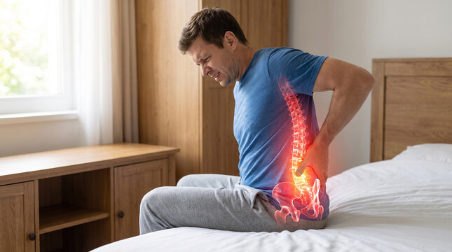 A man sitting on a bed experiencing intense back pain, with a blue glowing spine visualizing the source of his discomfort