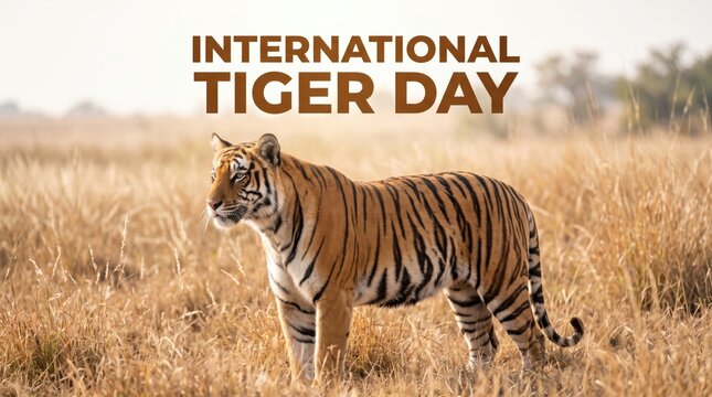 A bengal tiger standing in a dry golden tall grass field with the text international tiger day displayed in brown letters above the animal in a bright outdoor natural environment