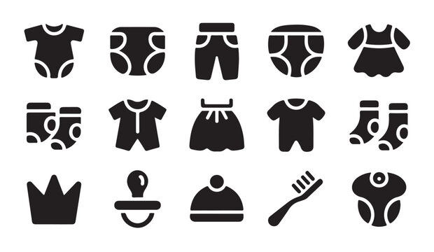 Selection of baby clothes and daily essentials icons like diapers hats and accessories.