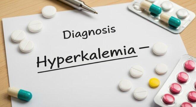 Medical diagnosis of hyperkalemia with pills and stethoscope.