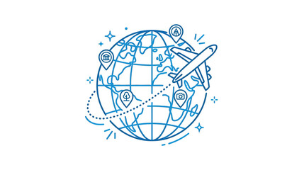 Airplane Flying Around Globe, Travel Destinations, Global Tourism Icons © alam