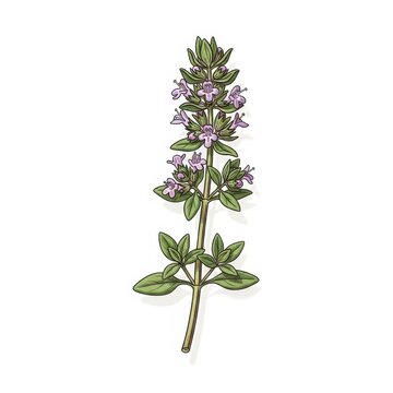 Illustration of a flowering thyme plant with green leaves.