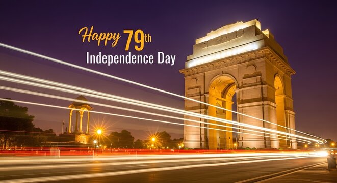 India gate illuminated at night with light trails independence day greeting