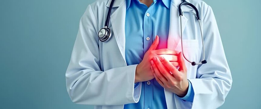 Medical professional holding chest in pain wearing a stethoscope