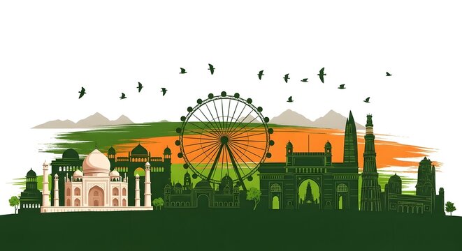 India landmarks illustration taj mahal india gate qutub minar and ferris wheel