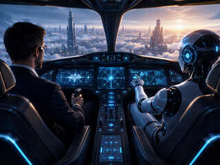 Fototapeta premium Futuristic aircraft cockpit with a human pilot and humanoid robot operating advanced controls above a glowing city skyline at sunset in a dramatic vision of intelligent transportation
