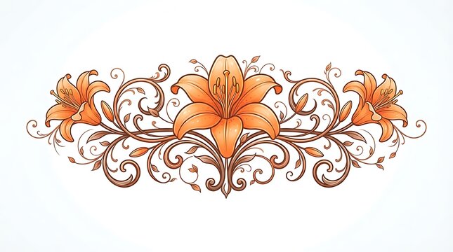 Orange lily floral border ornament on white background